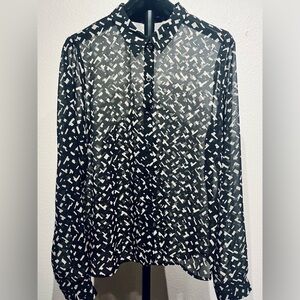 I Love H81 Black & White Geometric Patterned Sheer Blouse Top - Size L (Women’s)